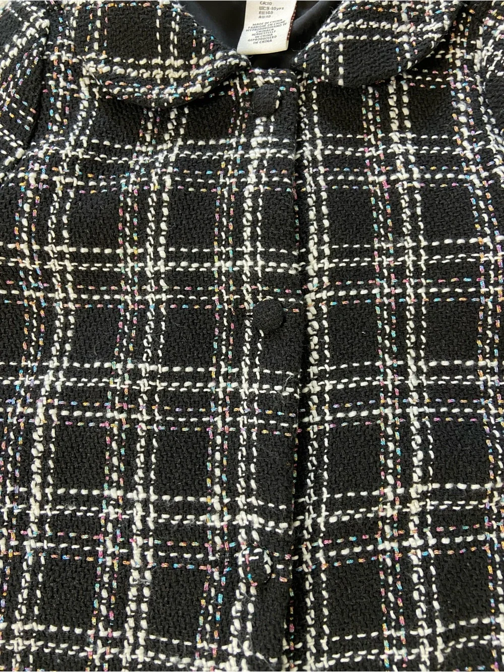 Rachel Zoe Girls Black White Plaid Tweed Bouclé Coat Metallic Peter Pan Collar